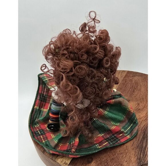 Vintage Button Shelf Sitter Christmas Brunette Girl Doll Cottage Core Country - Picture 5 of 6